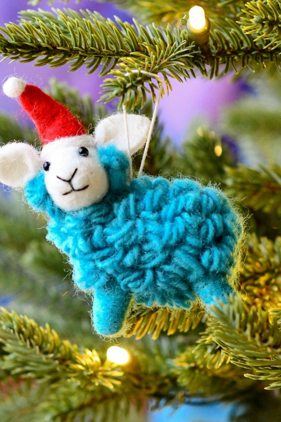 Blue Hand-Felted Christmas Sheep Ornament
