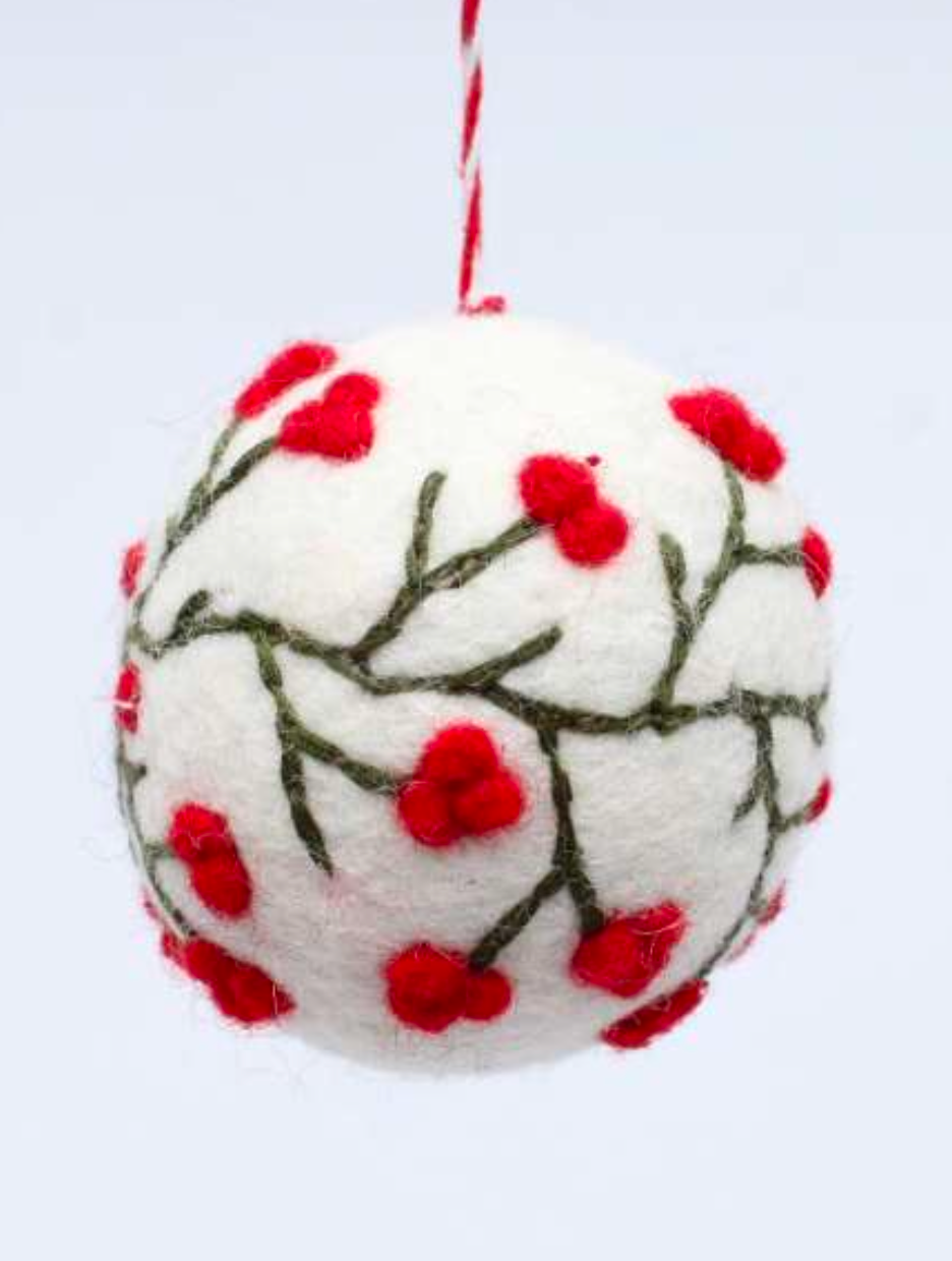 White felt Christmas bauble with red berries, green stems and a red-and-white hanging loop